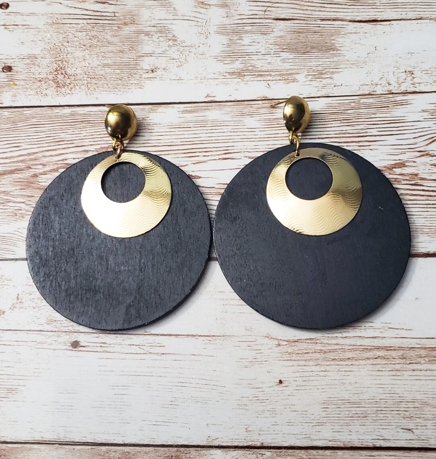 Primary image for Vintage Earrings For Pierced Ears Black & Gold Tone Extra Large 3.25"