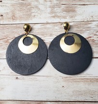 Vintage Earrings For Pierced Ears Black &amp; Gold Tone Extra Large 3.25&quot; - £11.84 GBP