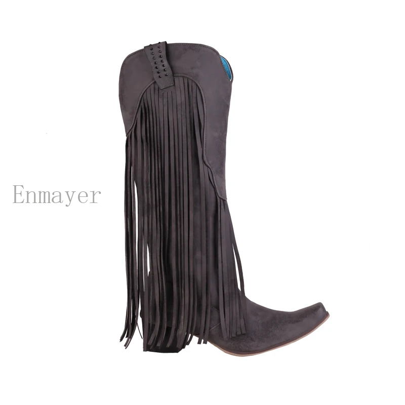 Western boy Tel Fringes Boots for Women 2023 Slip on Square Heels girl W... - $52.38