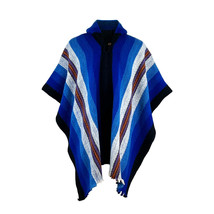 Llama Wool Mens Unisex South American Hooded Poncho Jacket Striped Blue - £62.09 GBP