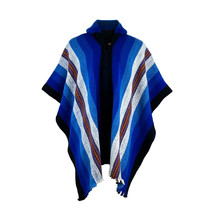 Llama Wool Mens Unisex South American Hooded Poncho Jacket Striped Blue - £59.06 GBP