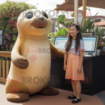 Beige Sea Lion mascot costume character dressed with a Blouse and Earrings - £948.58 GBP