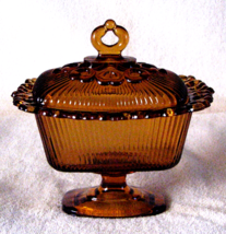 Indiana Amber Glass Lace Edge Footed Pedestal Covered Candy Box Dish VTG Compote - £20.22 GBP