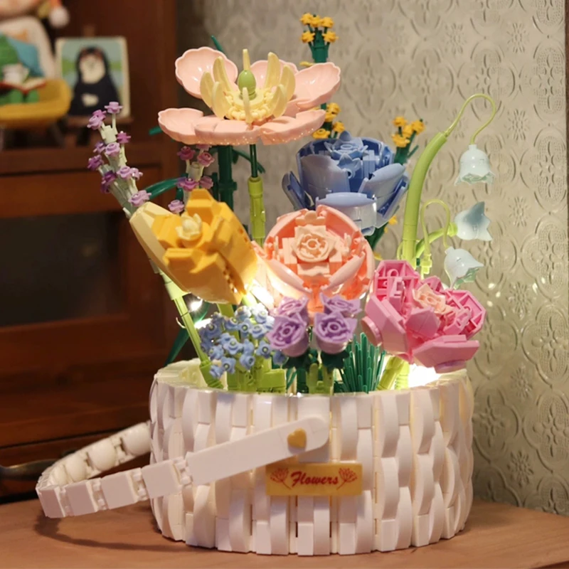 Creative Flower Bouquet Micro Building Blocks DIY Tulip Rose Plant Basket Bricks - £48.69 GBP