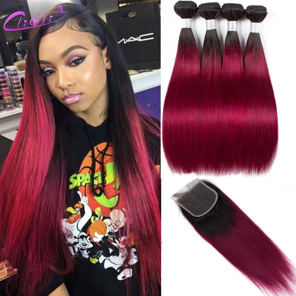 Ombre 1B/99J Burgundy Straight Human Hair Bundles With 4x4 Lace Closure - £68.99 GBP+