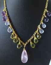 Natural Rose Quartz, Lemon Quartz and Amethyst Drops Necklace - £143.88 GBP