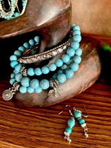 Handcrafted Silver Tone Accents/Turquoise Color Beads Bracelet and Earrings Set - £9.57 GBP
