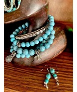 Handcrafted Silver Tone Accents/Turquoise Color Beads Bracelet and Earri... - £9.59 GBP
