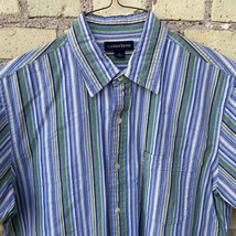 Lands End Men&#39;s M Blue &amp; Green Stripe Seersucker Short Sleeve Shirt EUC - £13.18 GBP