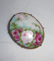 Antique Victorian Floral Brooch Porcelain Brass Hand Painted Roses Flower Pin - £37.99 GBP