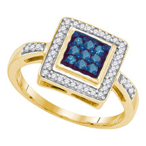 10k Yellow Gold Round Blue Color Enhanced Diamond Square Frame Cluster Ring 1/4 - £302.95 GBP