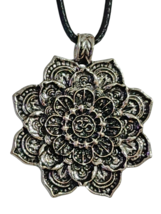 Lotus Flower Mandala Necklace Pendant Om Mantra Silver Plated Buddhist 22&quot; Cord - £7.09 GBP