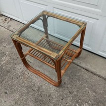2 Tier Bamboo Rattan Glass Top Cane Side End Table VTG MCM Boho 2 Available  - £175.45 GBP