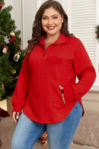 Tomato Red Cable Textured Quarter Zip Pocketed Plus Size Pullover - $34.72