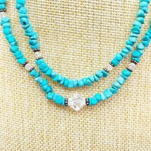 Necklace Choker Turquoise Stone Clear Bead Feather Charm Slide Clasp Vintage 14&quot; - £39.52 GBP