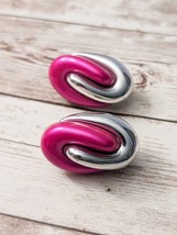 Vintage Clip On Earrings Extra Large Chunky Pink &amp; Silver Tone 3D - £12.64 GBP
