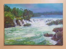 Original drawing Acrylic paint on canvas Natural scenery, stream, runnin... - £387.02 GBP