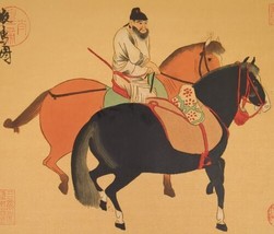 Chinese Dynastic Hand Tinted Print of Horseman With Horses Bordered 13.5... - $37.95