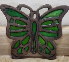 Vintage Green Stained Glass Metal Butterfly Footed Trivet Kitchen Decor See Pic. - £9.19 GBP