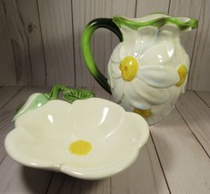 Pitcher &amp; Dish, 3D Daisy Design Sturdy Ceramic 6.5&quot; Pitcher 6&quot; Wide Dish. - $14.77