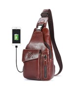 BULLCAPTAIN Leather Sling Chest Bag Casual Small Crossbody Bag  with USB... - $45.98