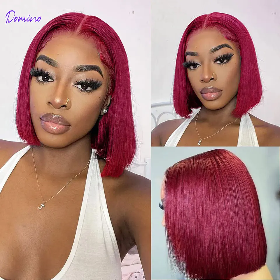 Burgundy Short Straight Bob Human Hair Wigs 99J Bob Wig 13x4/4x4 HD Lace Front - £40.21 GBP+