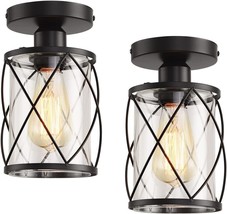 Industrial Flush Mount Ceiling Light Fixture Vintage Black Glass Metal Cage Set - £50.70 GBP