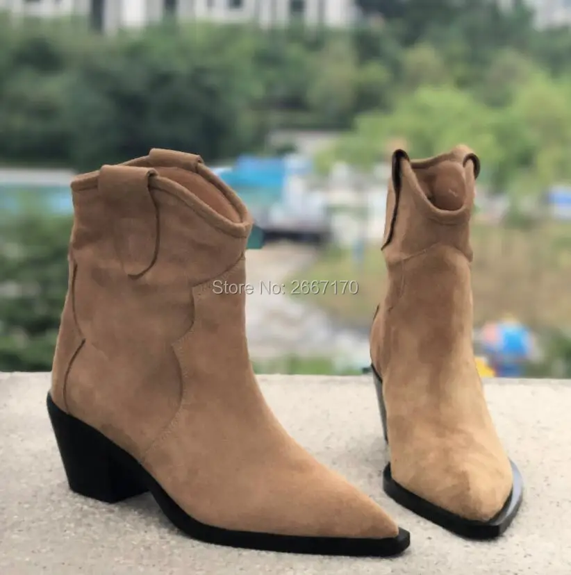  new women cowboy boots western style ankle boots pointed toe low block heels black tan thumb200