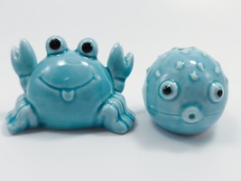 Figural Crab and Pufferfish Salt and Pepper Shakers Blue Ceramic Coastal Beach - £22.38 GBP