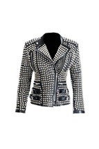 NEW Handmade Women&#39;s Black Color Full Silver Studded Genuine Leather Jacket Spik - £208.58 GBP