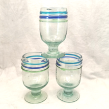 Set 3 Mexican Hand Blown Recycled Wine Goblet Glasses Mexico Green Cobalt Blue - £21.36 GBP
