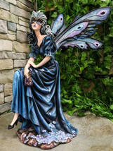 Large Iridescent Winged Peacock Train Blue Masquerade Fairy With Owl Statue - £120.97 GBP