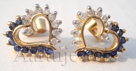 0.36ct Diamond 14k Yellow Gold Blue Sapphire Heart Valentine&#39;s Day Earrings - £824.12 GBP