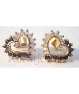 0.36ct Diamond 14k Yellow Gold Blue Sapphire Heart Valentine&#39;s Day Earrings - £828.12 GBP