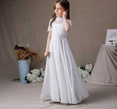 White High Neck Chiffon First Communion Dress Lace Short Sleeve Bridesmaid Dress - £97.43 GBP