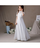 White High Neck Chiffon First Communion Dress Lace Short Sleeve Bridesmaid Dress - $121.92
