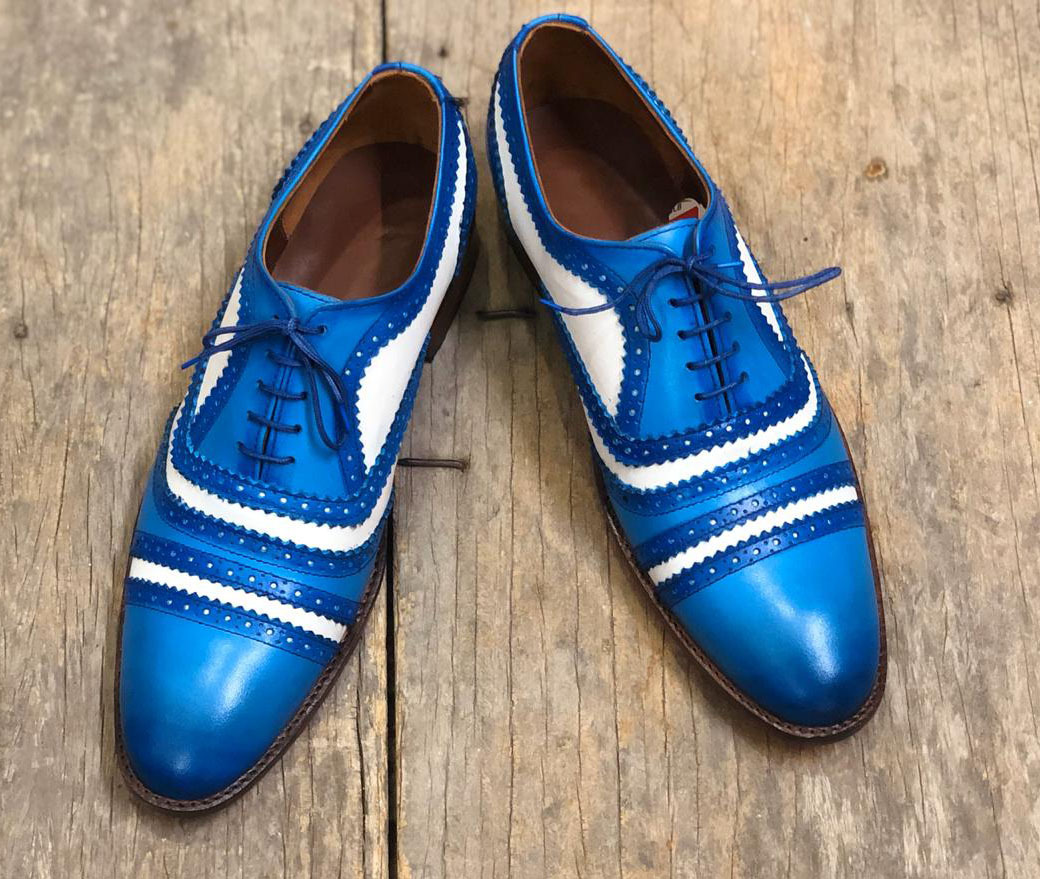 Handmade Men's White Blue Cap Toe Leather Formal Shoes, Men Designer Dress Shoes