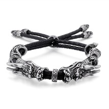 Stainless Steel Men Dragon Bracelet Interwoven with Black Genuine Leather Rope S - £27.83 GBP