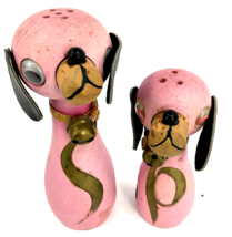 Vtg Pink MCM Wooden Dog Salt Pepper Shakers Leather Ears Magnetic Kitschy - £20.08 GBP