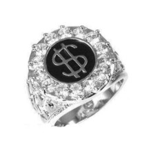 Mens Silver Plated Iced CZ Cubic Zirconia Dollar Sign Ring Size 10 Fits Most - £7.03 GBP