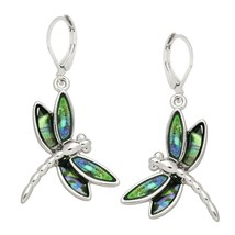 Abalone Dragonfly Drop Dangle Earrings Silver Tone NWT - £11.76 GBP