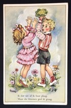 Vintage Greeting Card Thinking of You Boy Girl Flowers Flirtatious Teasing Dutch - £11.19 GBP