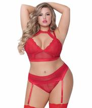 Womens Plus Size Long Line Bra and Panty Gartered Lace Net Lingerie Bra Set - £29.53 GBP