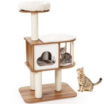 46" Modern Wooden Cat Tree Kitten Tower Dcor w/Platform & Washable Cushions - £135.88 GBP