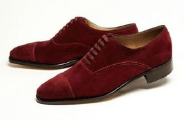 Maroon Oxford Shoes Premium Quality Men&#39;s Handmade Cap Toe Suede Leather Laceup - £109.41 GBP