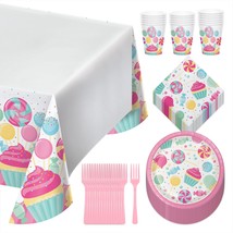 Candyland Dessert Party Pack - Pink Candy Paper Plates, Napkins, Cups, Forks, an - £17.97 GBP