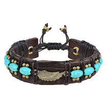 Vintage Inspired Turquoise and Brass on Leather Angel Wing Charm Bracelet - £11.85 GBP