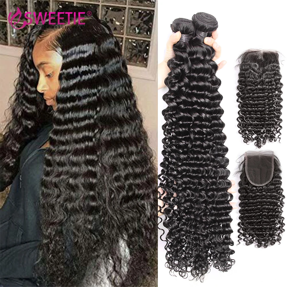 10A Peruvian Deep Wave Bundle With Closure Remy Human Hair 3/4 Bundles With - $92.39+