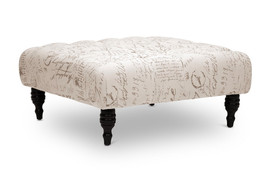 Square Cocktail Coffee Table Ottoman Beige French Script Linen Button Tufted Mod - $279.97
