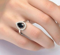 1.4C Black Natural Sapphire &amp; Sim Diamonds Halo Wedding Ring 925 Sterling Silver - £111.92 GBP